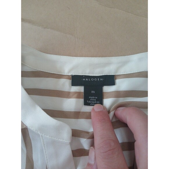 Halogen Shirt Top Blouse Womens M Beige Striped Bell Sleeve Cropped Classic - Picture 2 of 9